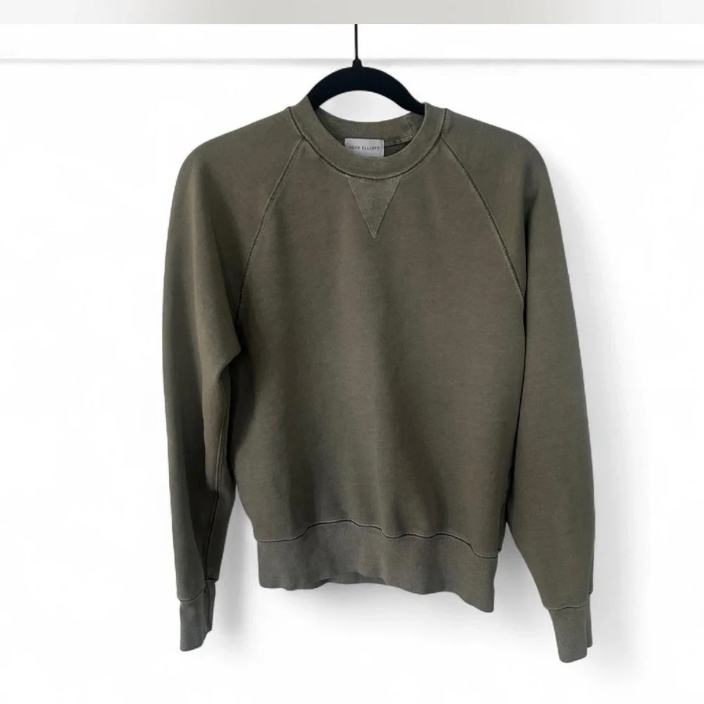 John Elliot | Men's Fitted Cotton Crewneck Sweater in Washed Olive Green Sz SM
